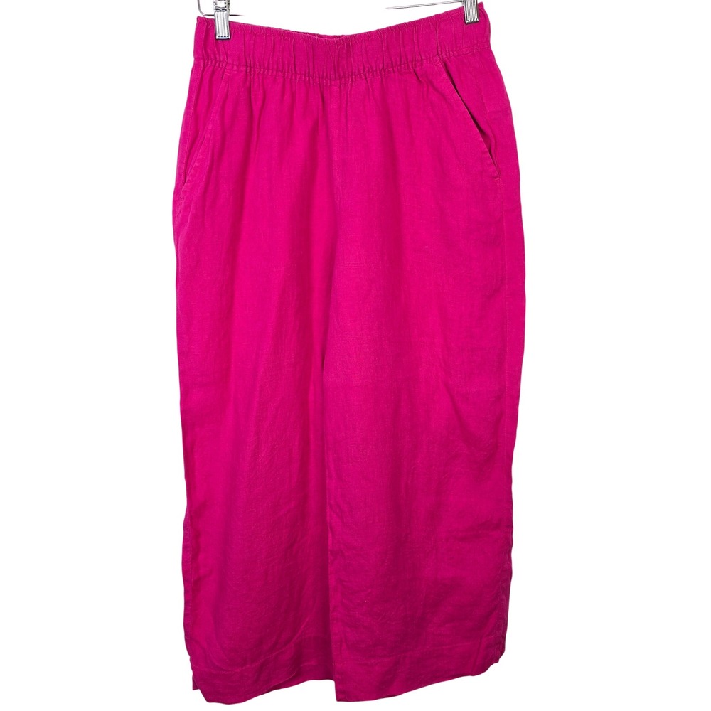 Tahari Women Hot Pink 100% Linen Wide Leg Cropped Pants Elastic Waist Size M